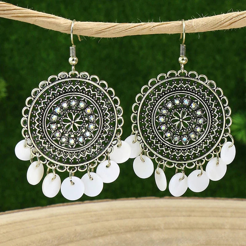 Vintage Bohemian Long Earrings For Women Big Statement Carved Geometric Tassel Boho Tibetan Silver Bronze Color Jewelry Earrings