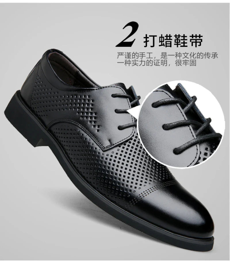 Mens Black Genuine Leather Perforated Cap Toe Lace Up Formal Business Oxford Shoes Breathable Summer Office Casual Dress Shoes