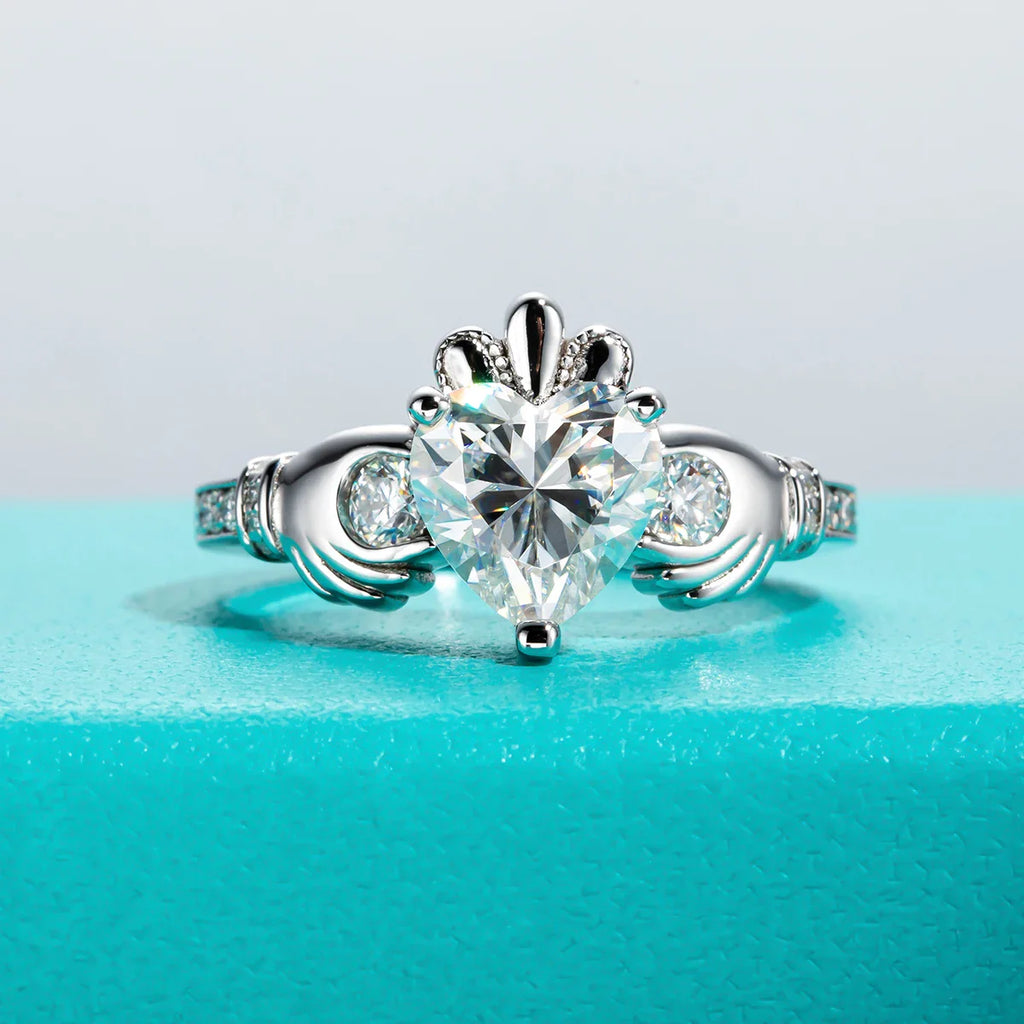 2ct Heart Shape Moissanite Claddagh Irish Rings Celtic Knot Crown 925 Sterling Silver Engagement Rings For Woman