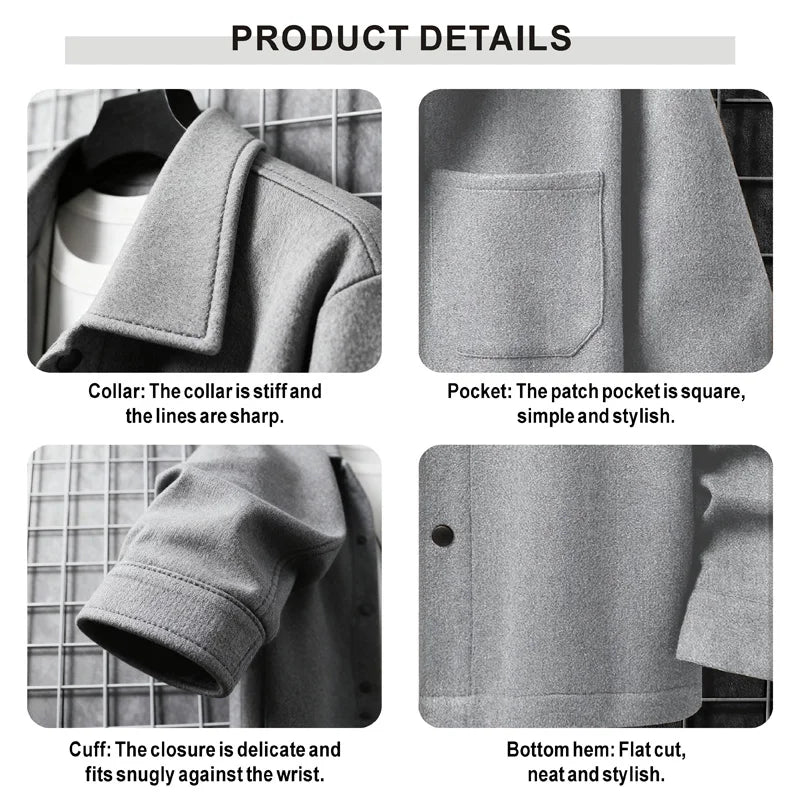 Men's Polyester Brushed Jacket, Lapel Button/Zipper Coat with Pocket, Comfortable Casual Autumn Winter Office Business Wear