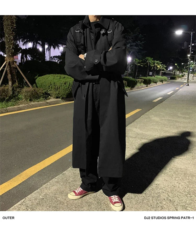 Spring Autumn Long Oversized Black Khaki Trench Coat Men Raglan Sleeve Single Breasted Loose Casual Korean Fashion