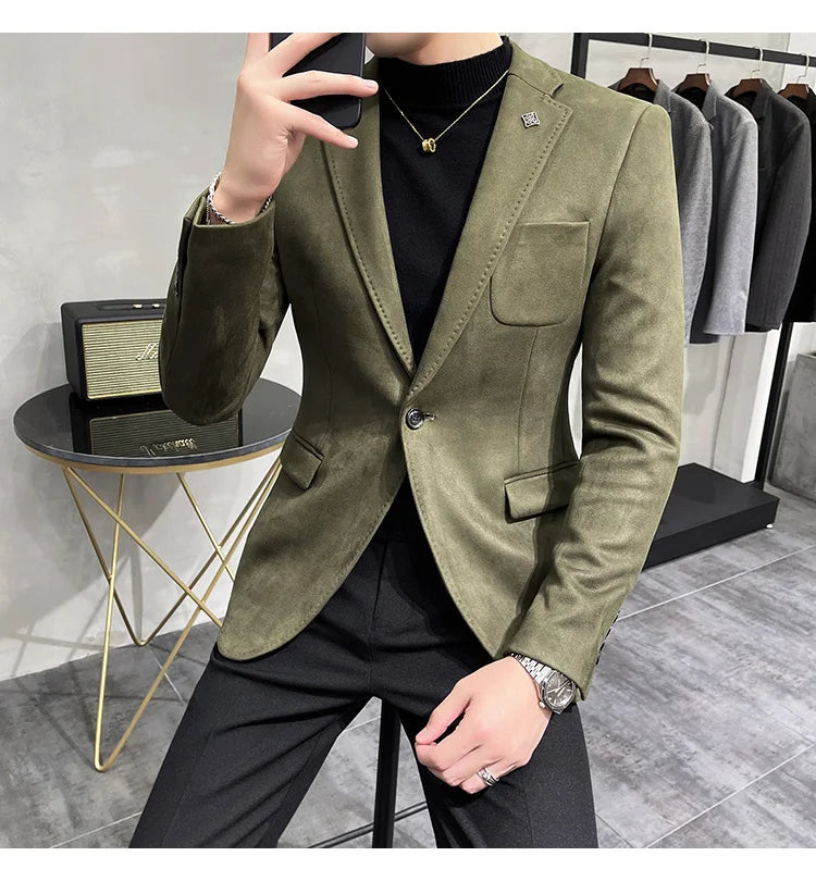 Plus Size 4XL-M Autumn Deerskin Velvet Jackets Blazer 6 Color Men Business Slim Blazers Hommes Casual Wedding Tuxedo Suit Coat