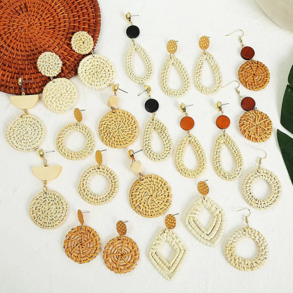Personality Bamboo Rattan Hand-woven Geometry Drop Dangle Earrings for Women Temperament Summer Beach Stud Jewelry Holiday Gift