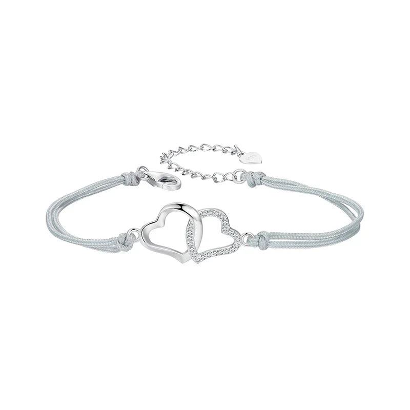 Personalized Heart to Heart Bracelet, 925 Sterling Silver Dainty Gray Rope Link Chain Bracelet for Women Teen Girls