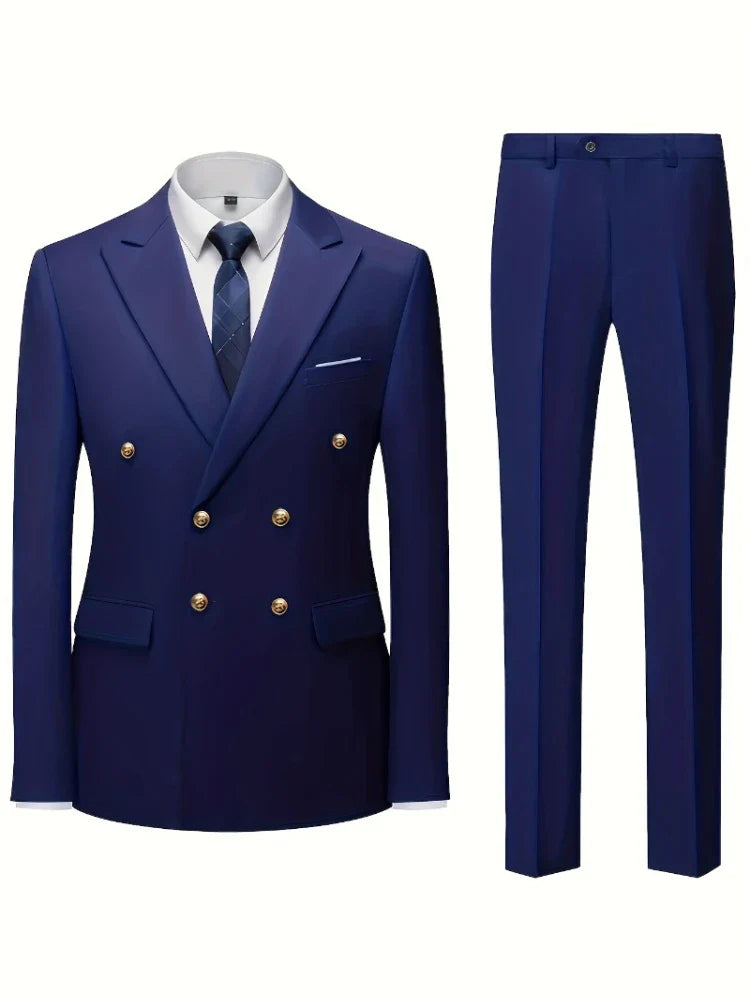 2026Business No-IronDouble-BreastedGolden Button Suit 2pcsTrendy Men's Retro Solid ColorSimpleSlimFit Stylish