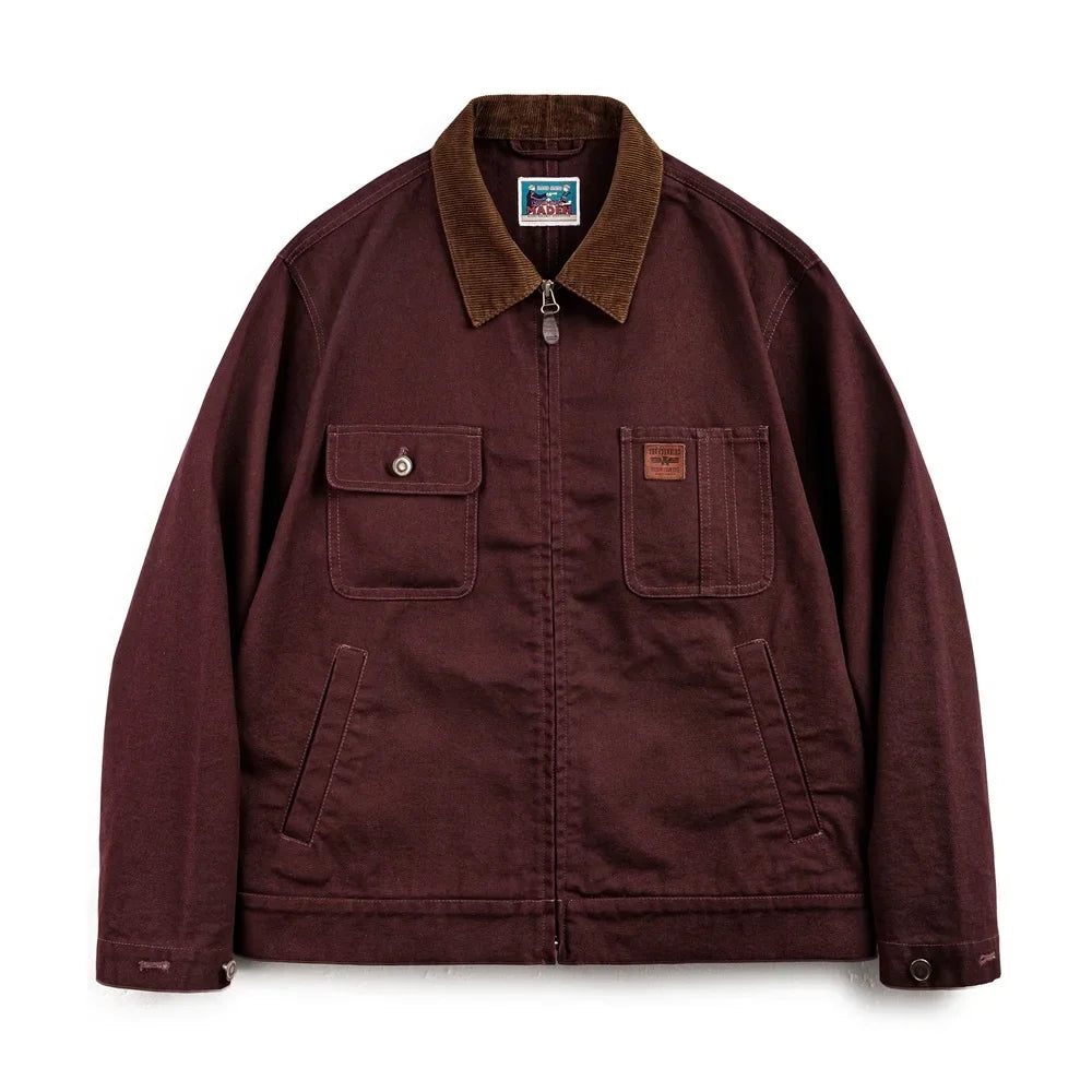 Retro Heavyweight Canvas Detroit Jacket Corduroy Collar Hunting Short Zip-Up Jacket with Pockets Men's Autumn Outerwear