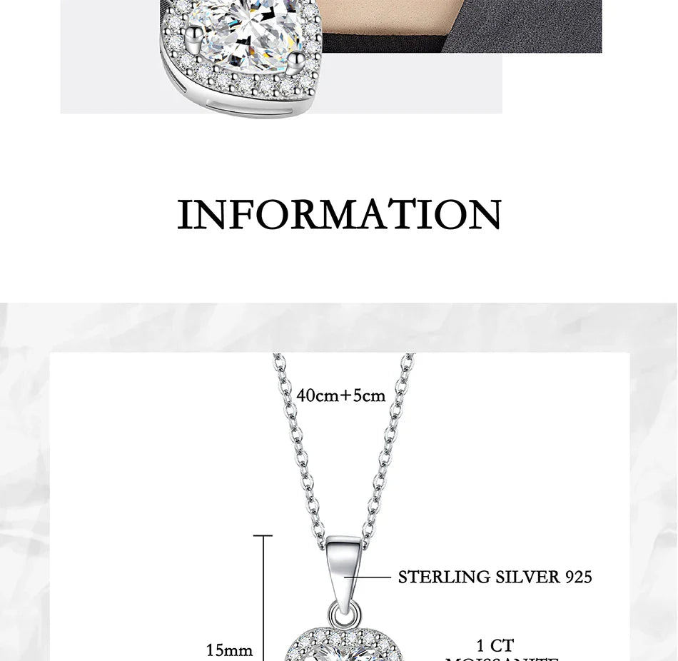 1CT Heart Cut Moissanite Necklace for Women S925 Pure Silver Sparkling Diamond Pendant Fashion Jewelry Party Gift
