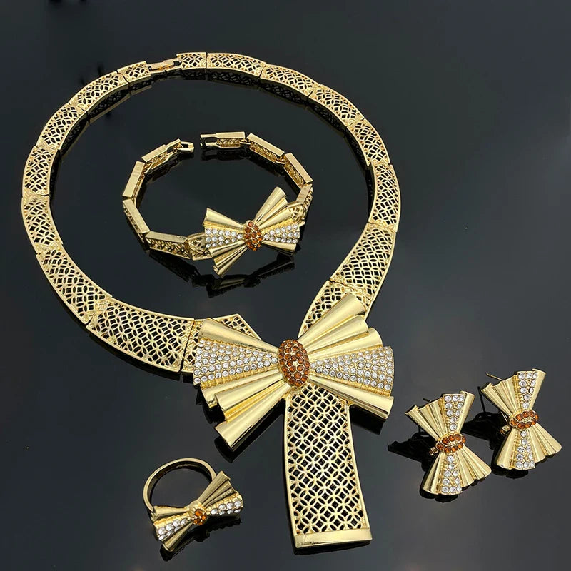 Italy 18k Gold Plated Women Jewelry Set Classic Design Bowknot Necklace Earring Bracelet And Ring 4PCS Set Jewelry Wedding Party