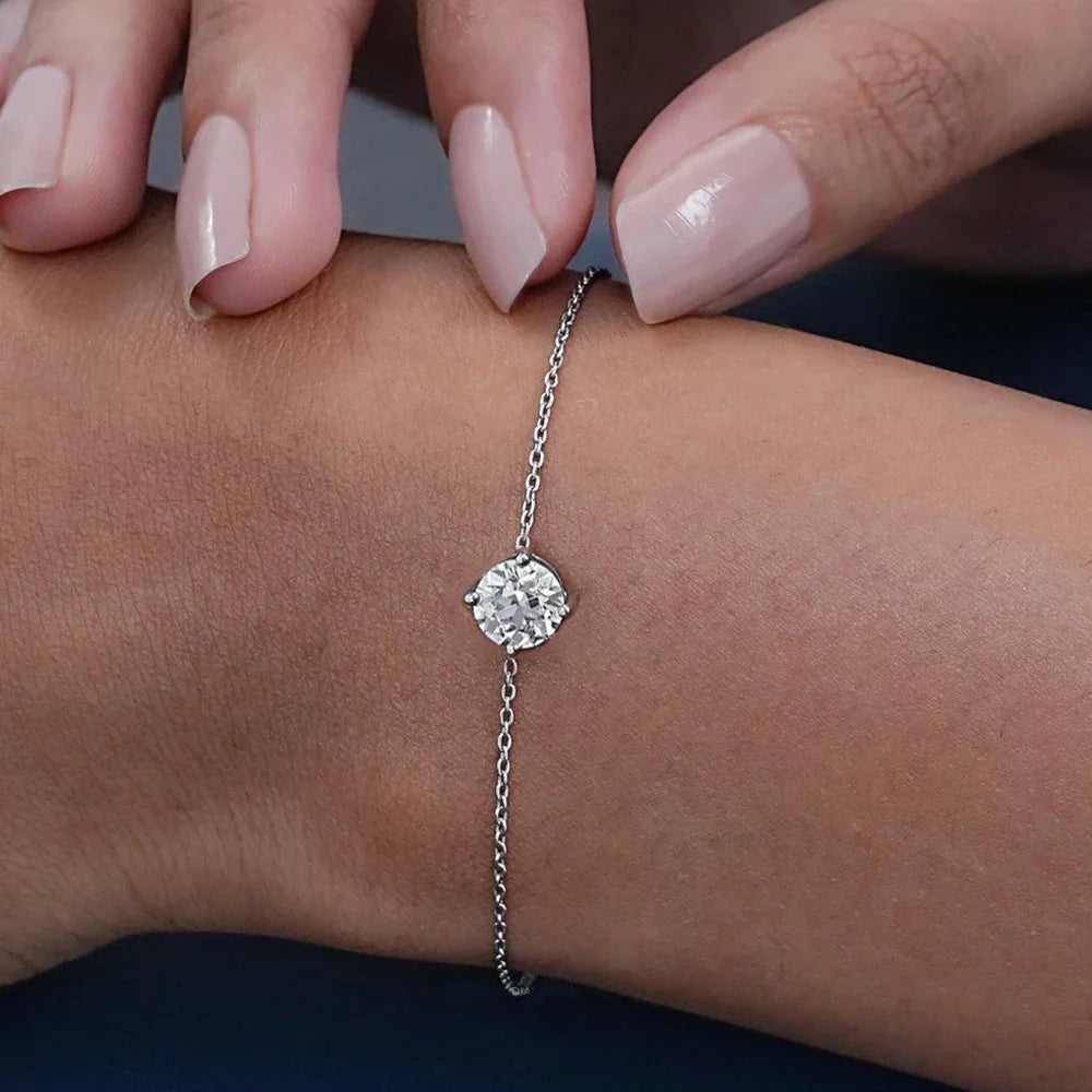 1CT Round Cut Moissanite Solitaire Diamond  Bracelet for Women Men 925 Silver Minimalist Charm Bracelet Wrist Chain Adjustable