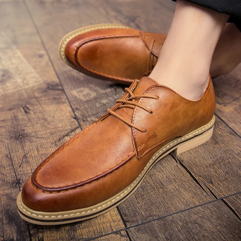 Men’s leather Derby dress shoes pointed toe soft sole business casual formal brown