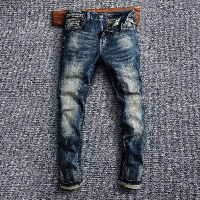 Men Jeans Retro Black Blue Elastic Slim Fit Ripped Jeans Men
