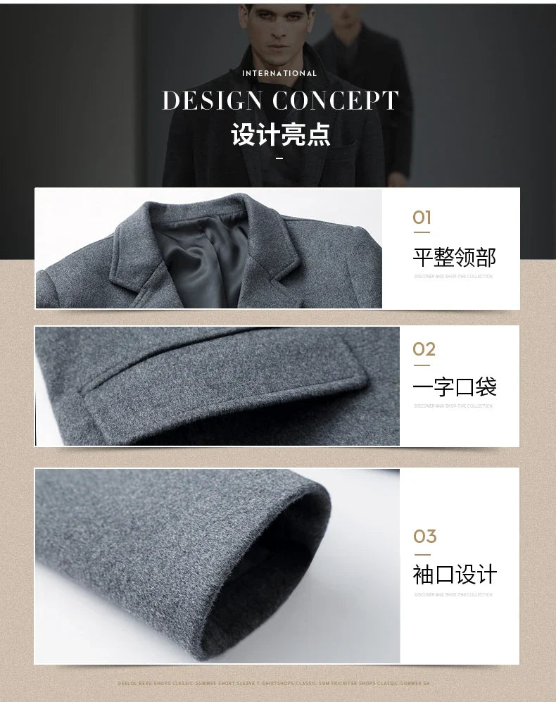 Men's High-Quality Autumn Winter Wool Coat Long Fashion Trench Coat Over-the-Knee Thick Cotton M-4XL