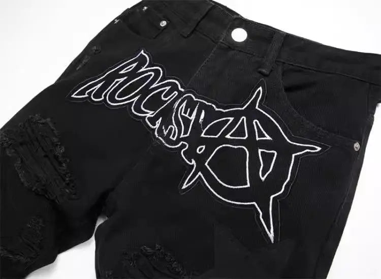Punk Style Men's Slim Fit Straight Leg Denim Jeans Black Hole Patch Embroidery No Stretch Fashion Urban Casual Cotton Polyest...
