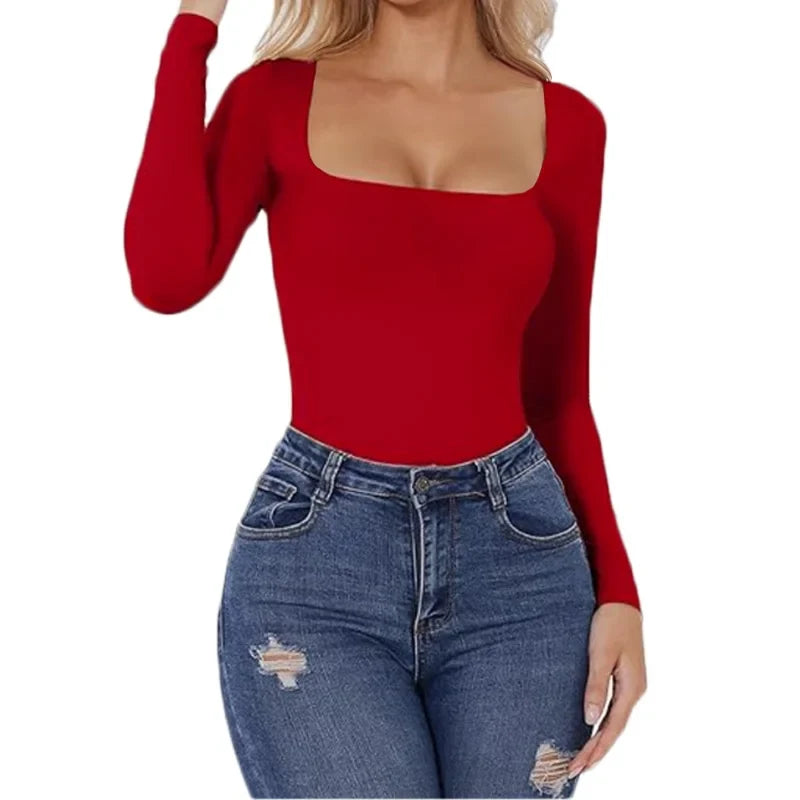 GUUDIA Open Crotch Big U Neck Seamless Bodysuit Long Sleeve Spandex Elastic Body Suit Shapewear Tummy Control Waist Shapers