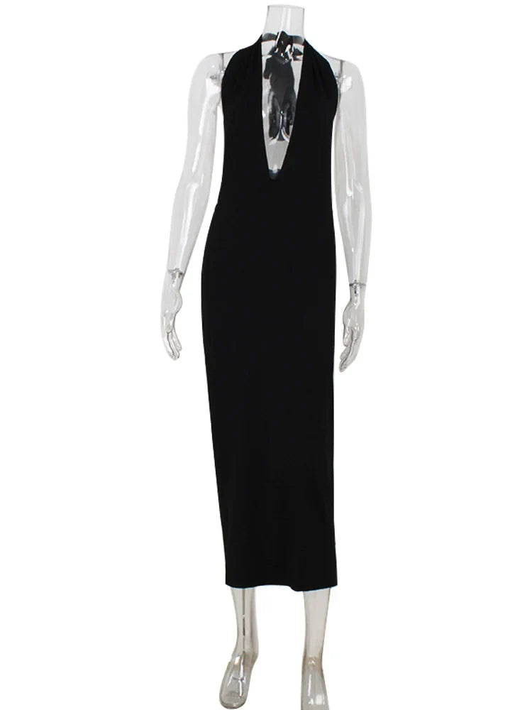 Fashion Halter Women's Maxi Dresses Solid Deep V-Neck Sleeveless Blackless Bandage Sheath Bodycon Party Vestidos Robes
