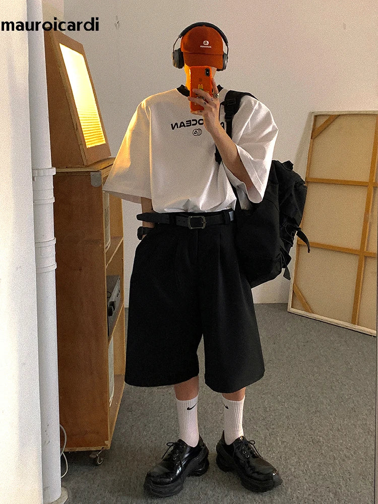 Spring Summer Loose Casual Soft Black Pleated Shorts for Men Mens with High Waist Short Straight Pants Clothes 2024