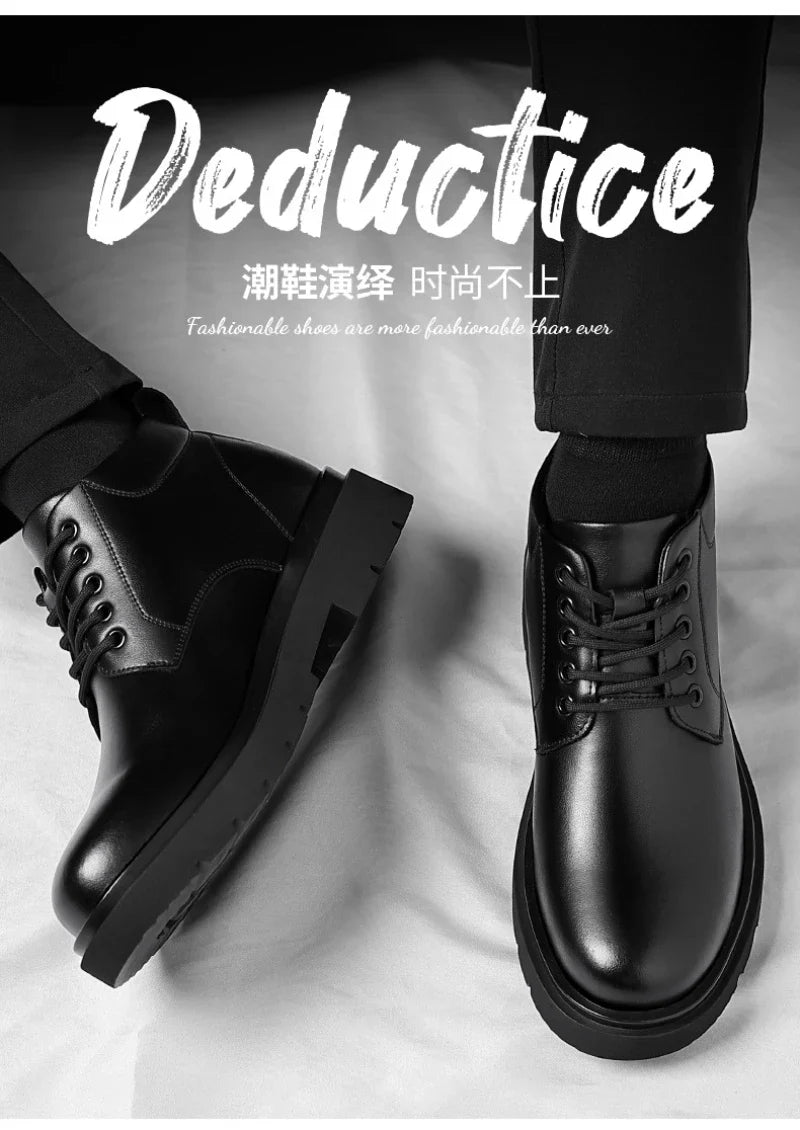 Mens Black Leather Lace Up Mid Top Boots Winter Warm Formal Business Office Wedding Shoes Black Work Boots Fashionable Dad Shoes