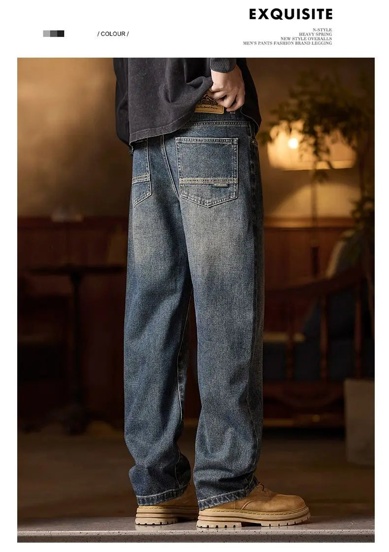 American Men's Y2K Retro Blue Denim Jeans Autumn Spring Relaxed Fit Korean Streetwear Casual Wide-leg Pants with Spliced Pockets