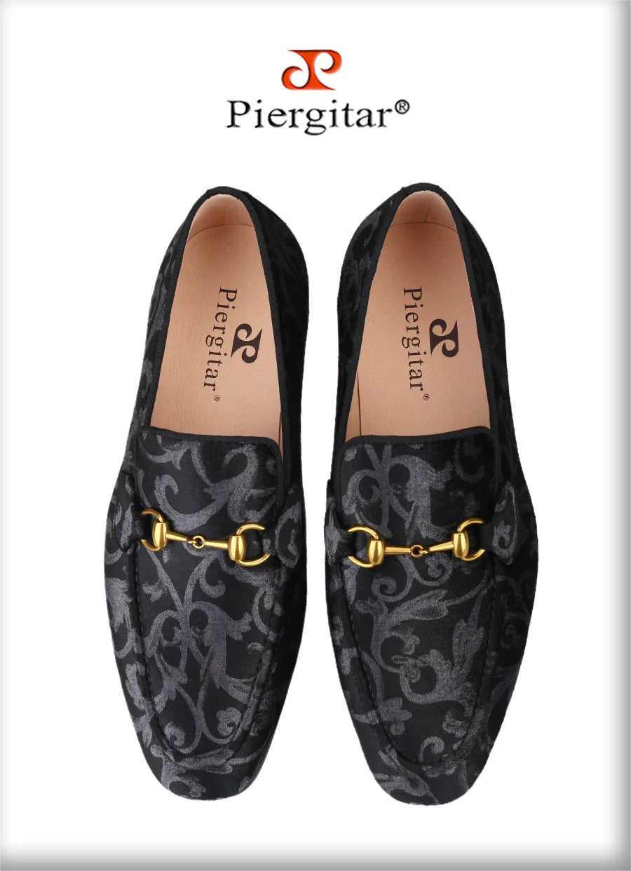 Piergitar Retro Style High-End Custom-Made Baroque Jacquard Velvet Men's Loafers With Horsebit Buckle Slip-On Smoking Shoes