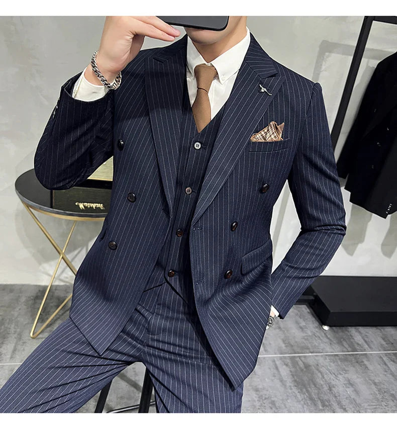 ( Blazer+Vest+Pants ) Groom Wedding Male Suit Luxury Brand Fashion Striped Men's Casual Business Office Double Breasted Suit