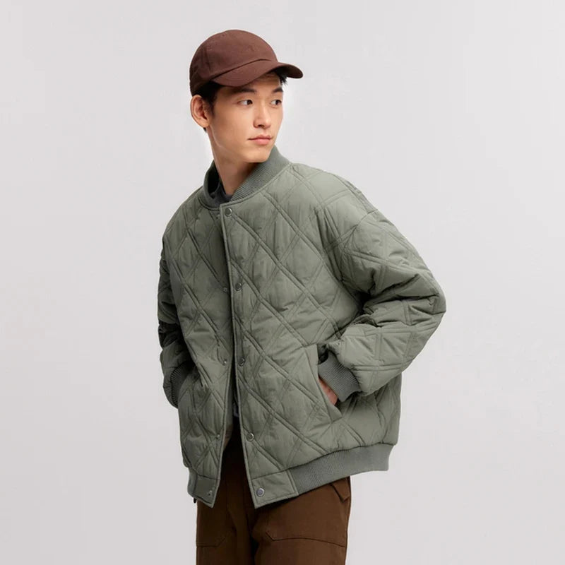Cotton Jacket Men 2024 Winter New Slightly Wrinkled Quilted Rhombus Texture Thin Baseball Trendy Cotton Jacket