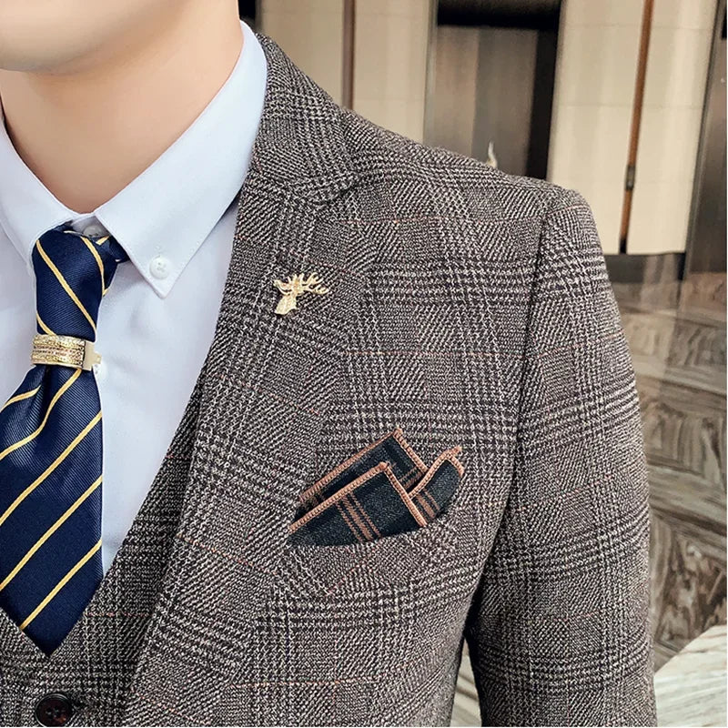 Checkered Suit (Blazer+Vest+Pants) Men's Fashion Hosting Work Business Wedding Casual Linen Art Style Elegant Gentleman's Suit