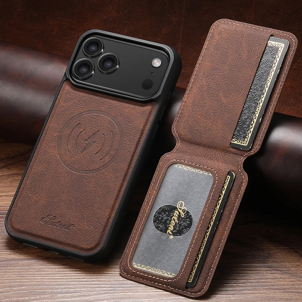 SUTENI Wireless Charging Phone Case Magnet Card Holder Stand Faux Leather For iPhone 17 Pro Max 16 Plus 15 14 13 12