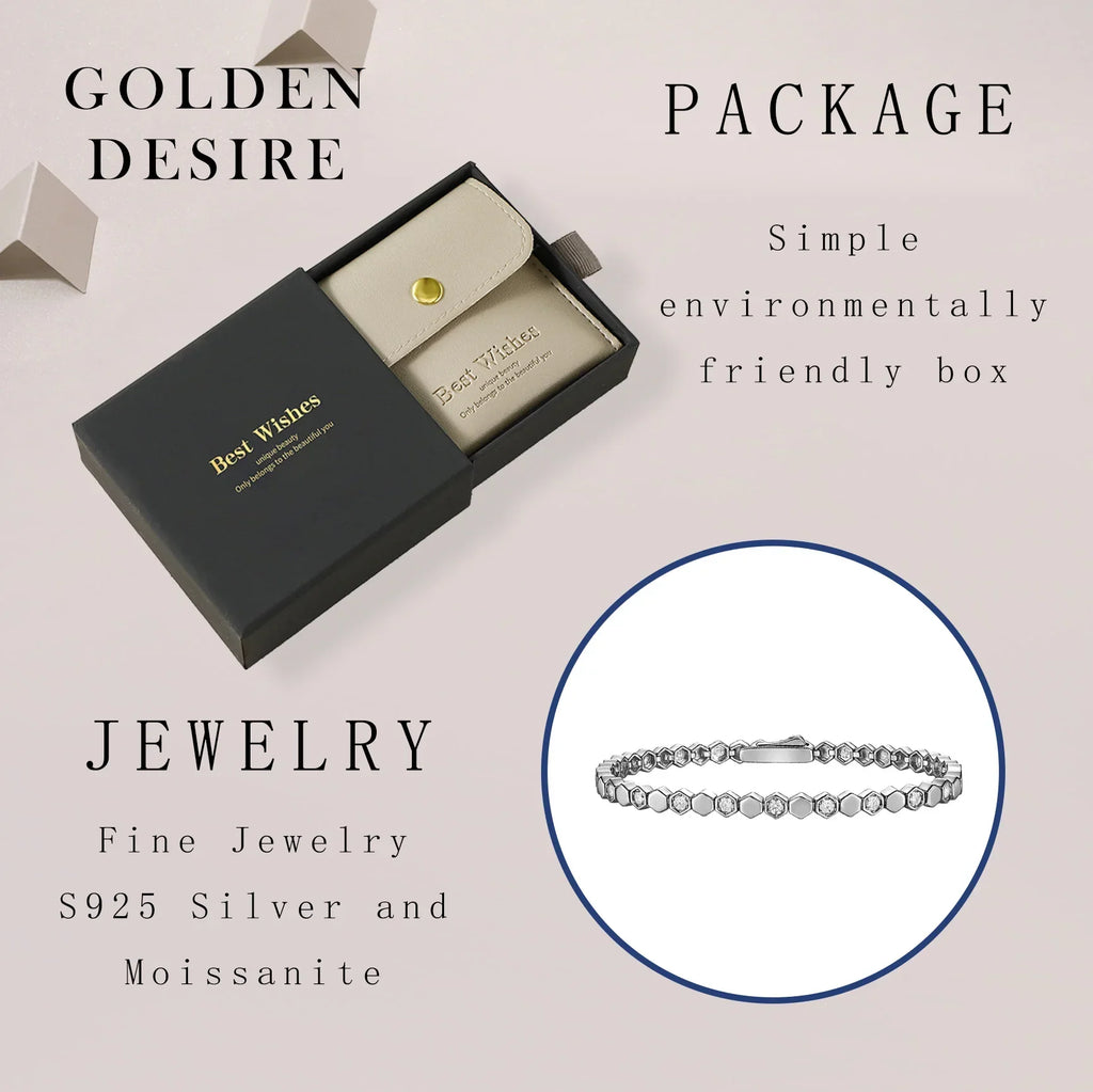 925 Sterling Silver 14K Gold Plated Moissanite Hexagon Tennis Bracelet for Women Color Sparkling Geometric Jewelry Gift