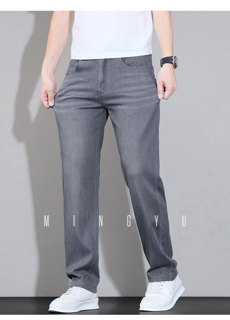 Spring Summer Brand Clothing Lyocell Fabric Men's Jeans Classic Business Straight Denim Pants Work Trousers Male Plus Size 29-40