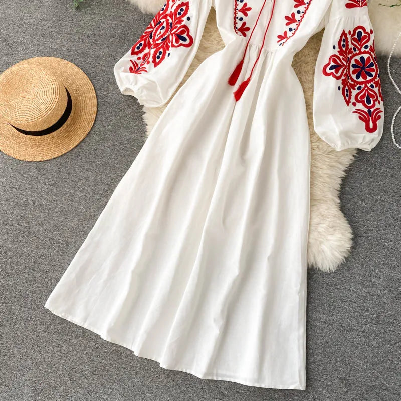 Embroidered Flower Long Sve Loose Fit Lantern Sve Gathered Slimming A-Line Dr Women's round Ne Dr