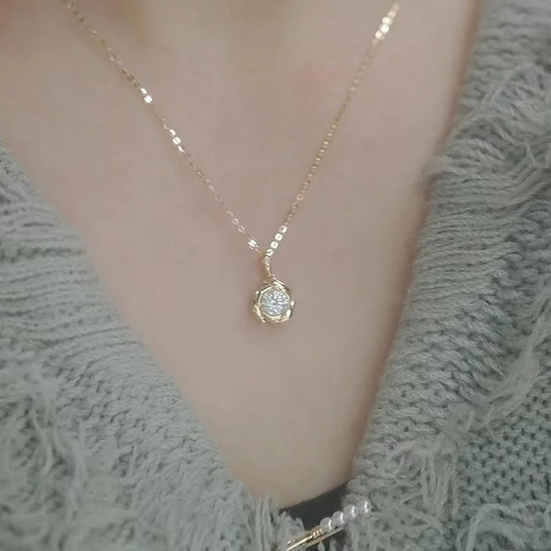 925 Sterling Silver Plated 14k Gold Shiny Zircon Flower Necklace for Women Girl Korean Temperament Exquisite Jewelry Gifts