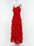 2024 Summer Fashion New Elegant Women's Sexy Chiffon Vacation Style Sling Dress with Ruffle Edge Style Long Dress