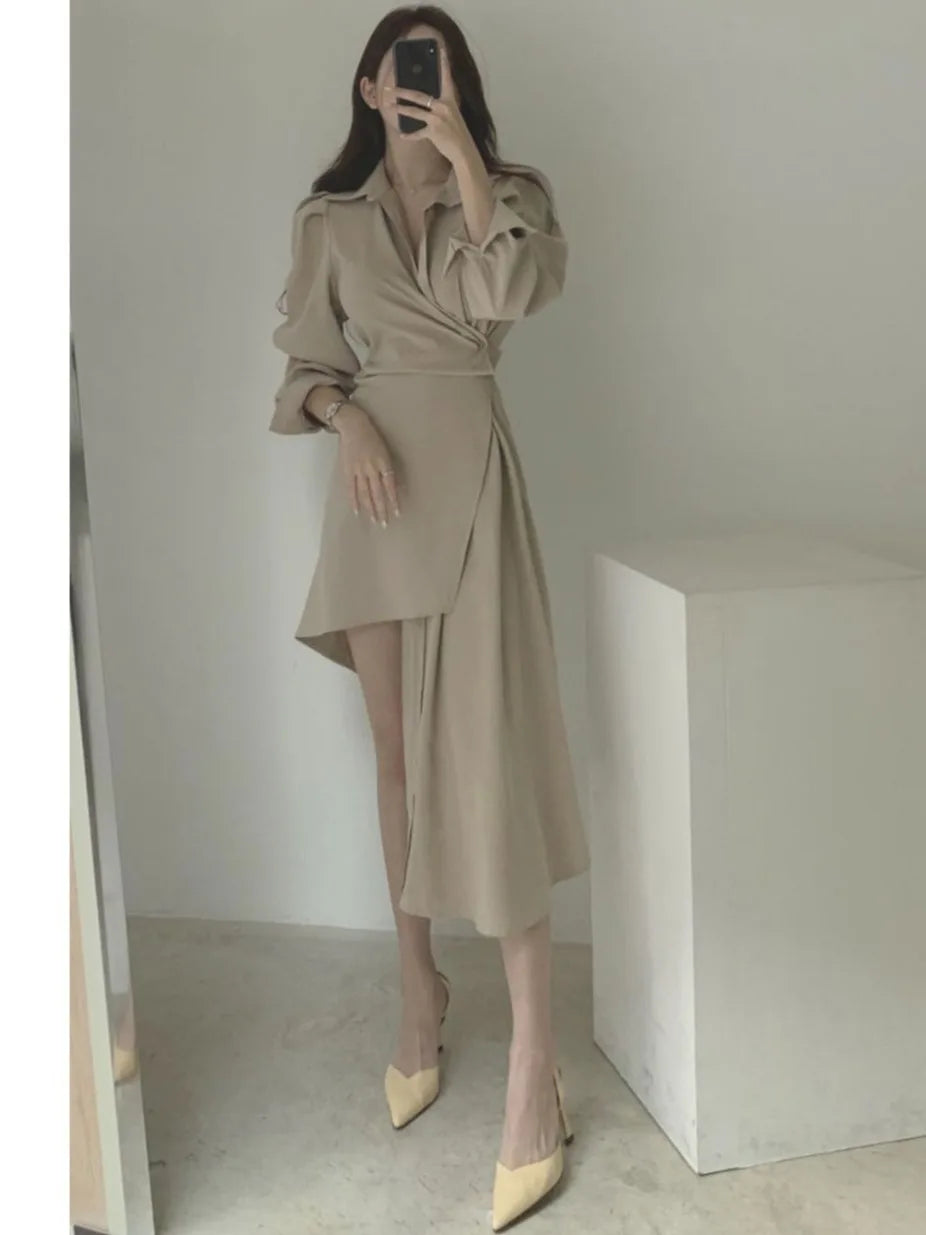 Early Autumn Shirt Dress Women's Mid-Length Asymmetrical Single-Button Notch Collar Slimming Style Commute Fashion