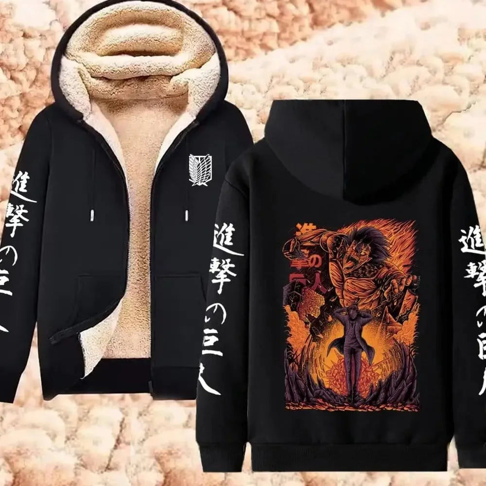 Attack on Titan سترة شتوية دافئة بسحاب، هوديز مطبوع عليها أنمي للرجال والنساء، بلوزات سميكة بسحاب، ملابس الشارع Harajuku Hip Hop