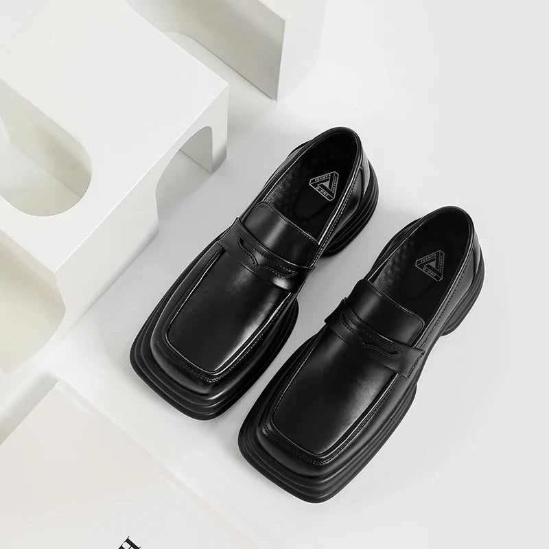 Men Zipper Patent Leather Increase Loafers Shoe Japan Korean Streetwear Fashion Thick Sole Platform Vintage Style Leather Shoes
