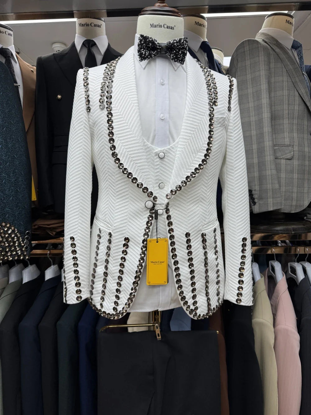 Jacquard Men's Luxurious Crystal 3Pieces Jacket With Vest Pants Wedding Groom Sets Newest Stylish Shawl Lapel Suits Dancing Wear