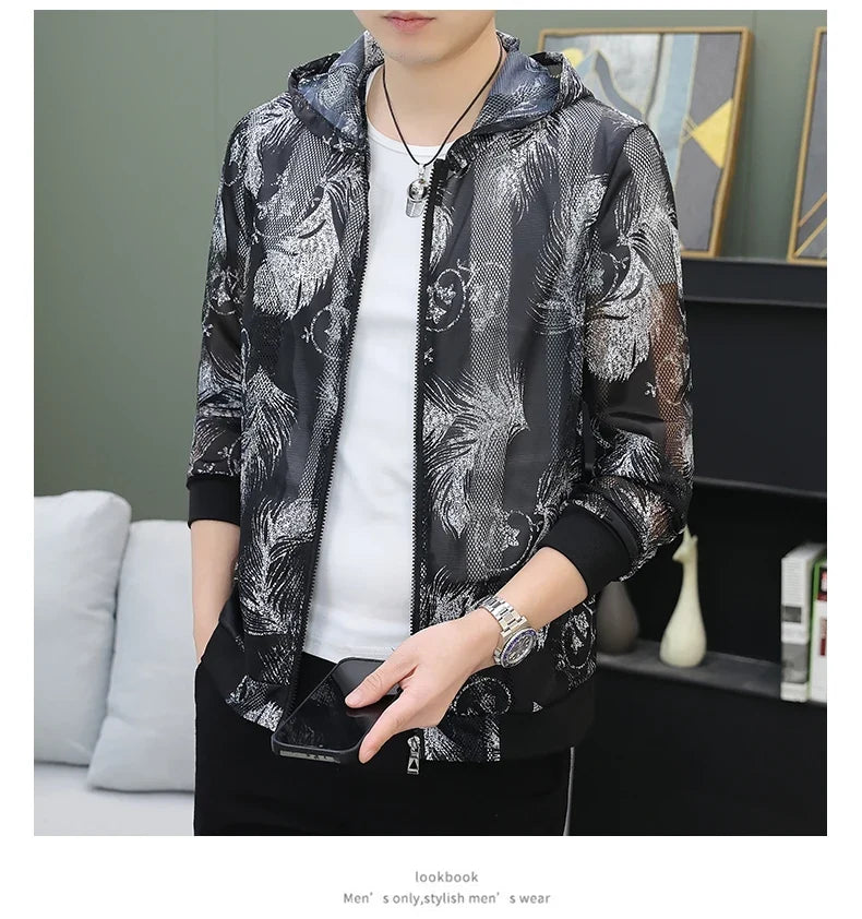 Men's Summer Mesh Sun Protection Clothing Trendy Stripe Print Ice Silk Cool Feeling Breathable Quick Dry Hooded Jacket