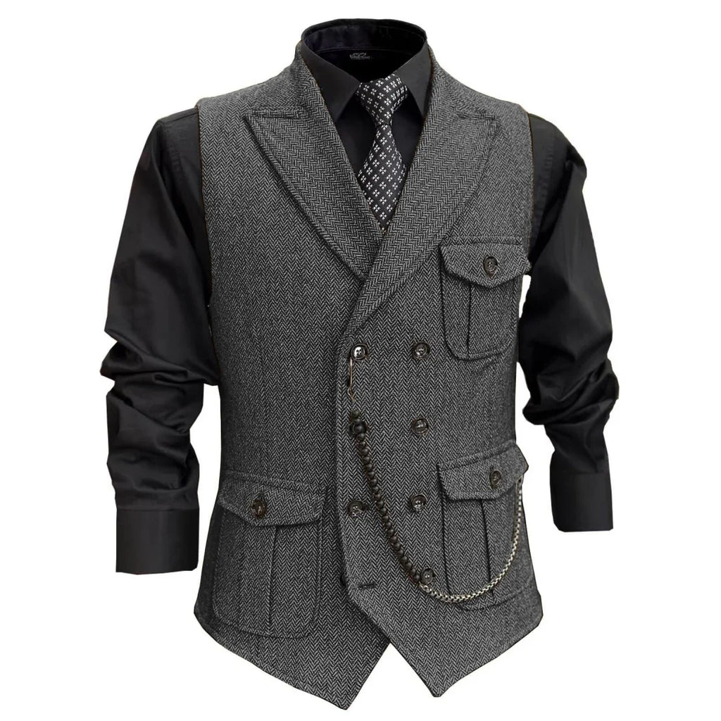 Men Vest GrayHerringbone Double Button With Pocket Waistcoat For Wedding Party Banquet Business Casual Daily Work Men Suit Vest