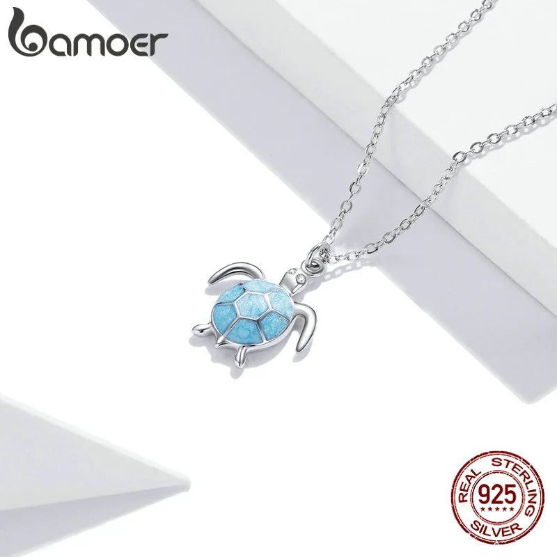 925 Sterling Silver Sky Blue Enamel Turtle Pendant Necklace Cute Animal Adjustable Necklace for Women Fine Jewelry SCN446