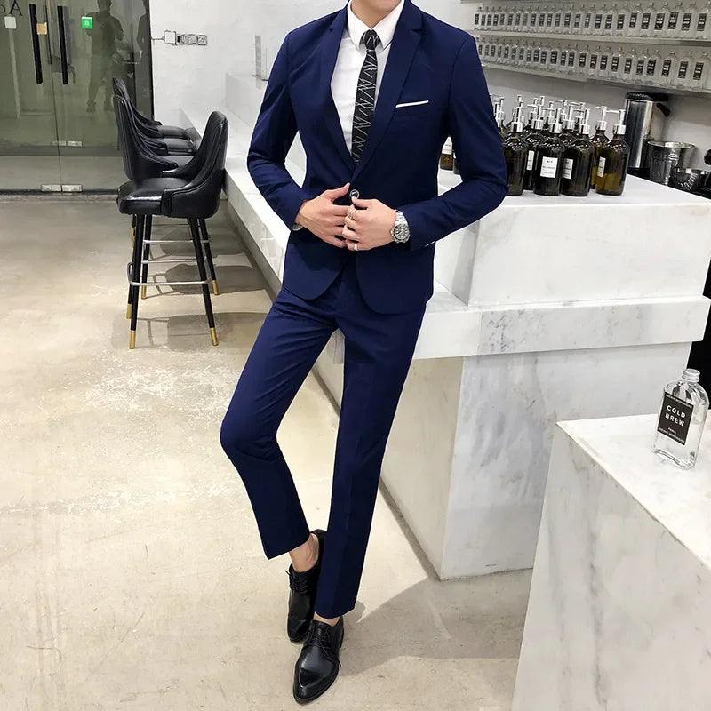 ( Jacket + Pants ) Fashion Boutique Solid Color Casual Business Mens Suit Groom Wedding Men Formal Social Suit Blazer 2 Pcs Set
