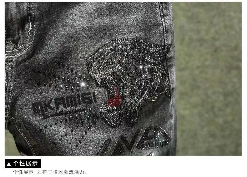 Spring and Autumn New Fashion Trend Print Retro Straight Leg Sports Denim Pants Men's Casual Slim Breathable High-Quality Jeans