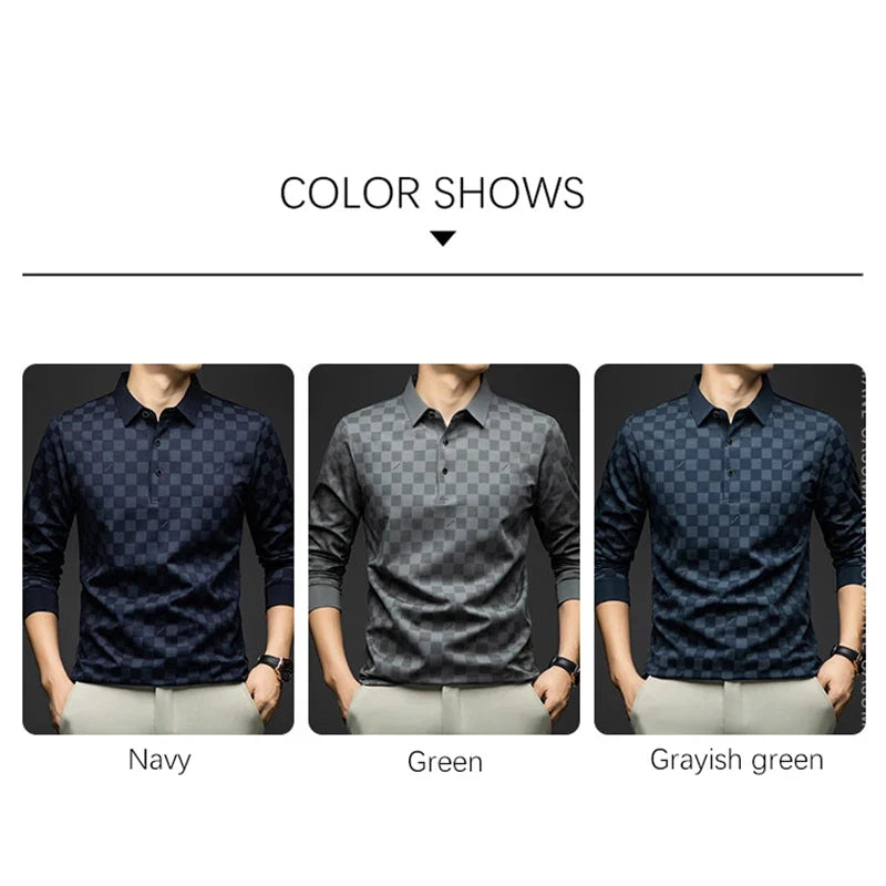 Polo Shirts for Man Autumn Business Slim Fit Long Sleeve T Shirt Men 2026 New Casual Loose Pullover Plaid Men Tops & Tees