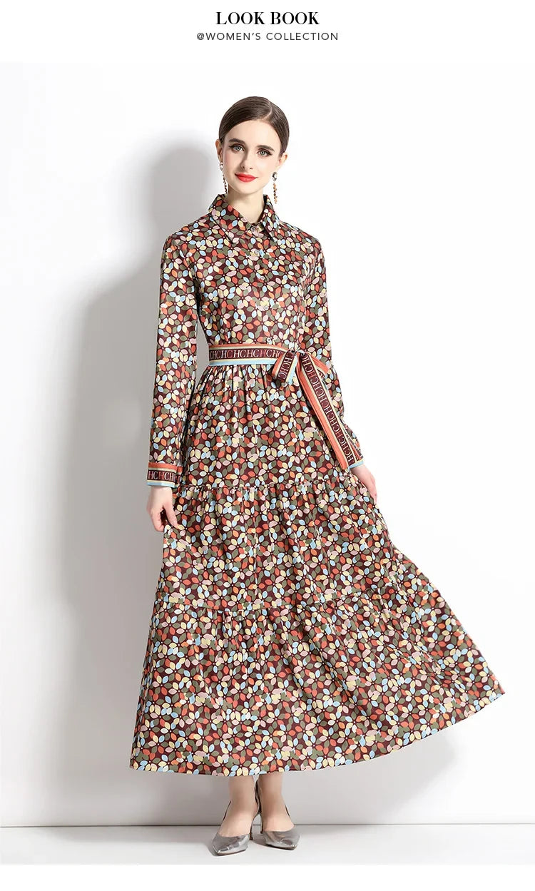 2024 Autumn New Women's European and American Versatile Waist and Slimming Letter Positioning Printed Dress A-line Long Dress