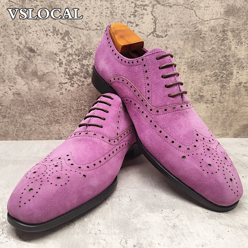 Elegant Men's Oxford Shoe Lace up Suede Leather Purple Pointed Toe Mens Dress Casual Shoes Banquet Wedding Shoes For Man