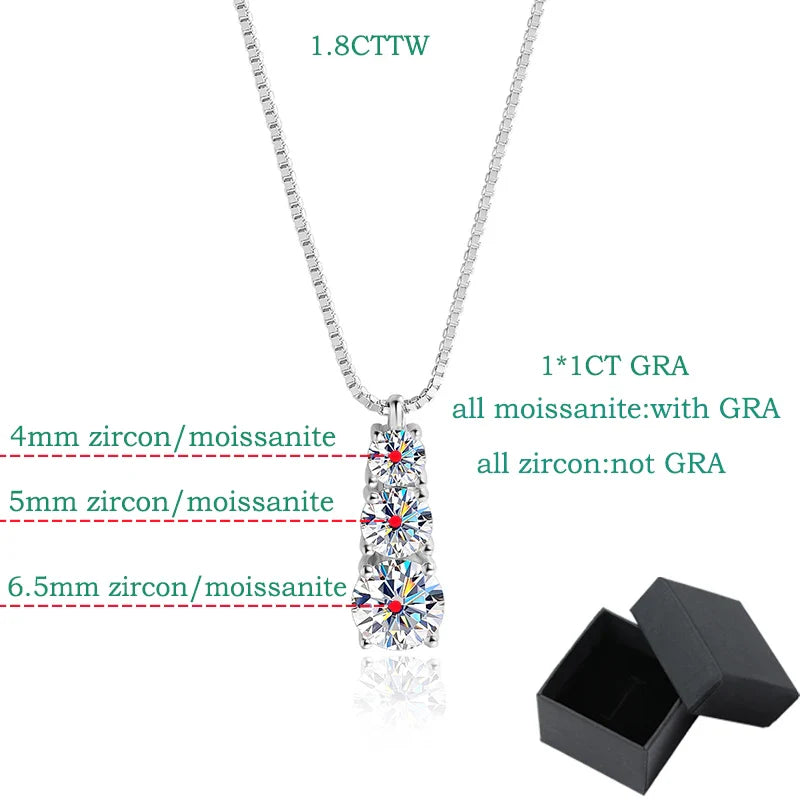 1.8CT Moissanite Pendant for Women Men Sparkling Diamond Necklace 3 Stones Solid Silver 925 Jewellery Luxury Quality GRA