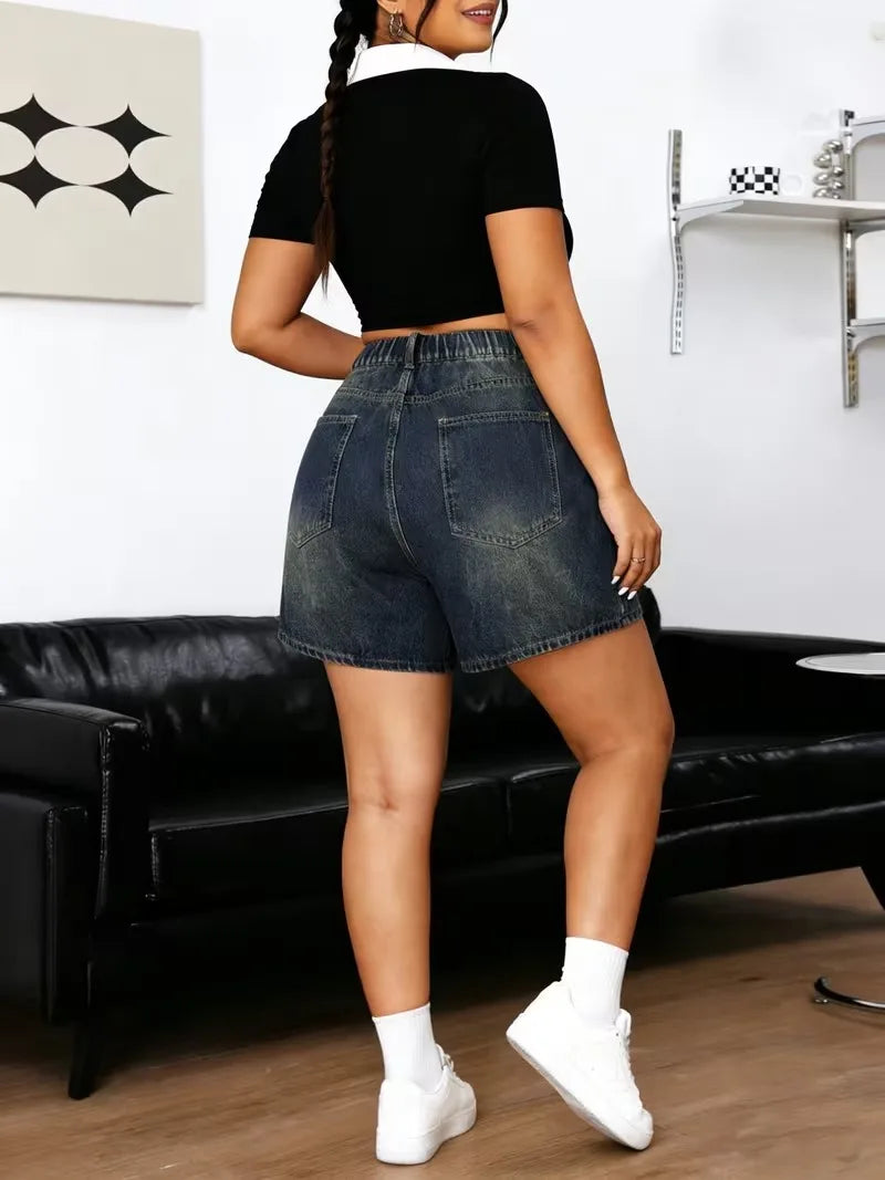 Plus Size Retro Deep Blue Elastic Washed Denim Shorts Women Summer New Y2k Streetwear High Waisted Loose Jean Shorts