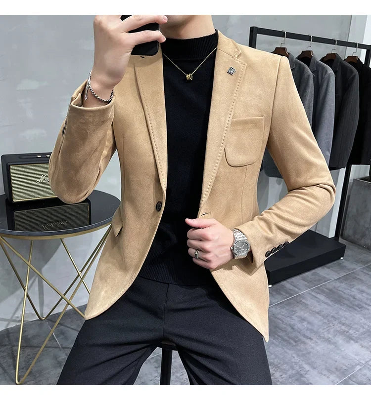 Plus Size 4XL-M Autumn Deerskin Velvet Jackets Blazer 6 Color Men Business Slim Blazers Hommes Casual Wedding Tuxedo Suit Coat