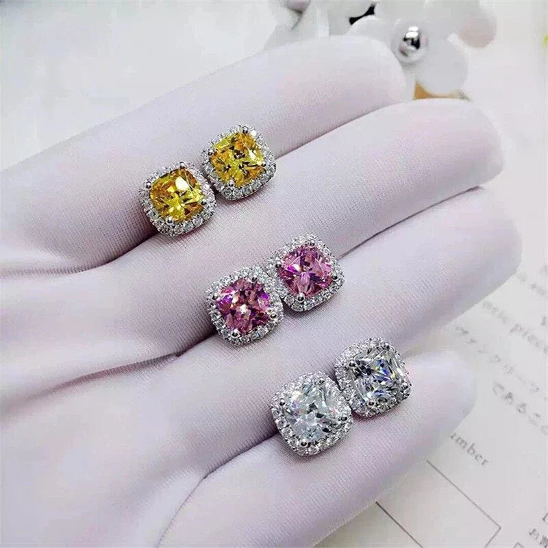 Ne'w Bright White/Yellow/Pink CZ Stud Earrings for Women Fashion Contracted Jewelry High Quality Wedding Engagement