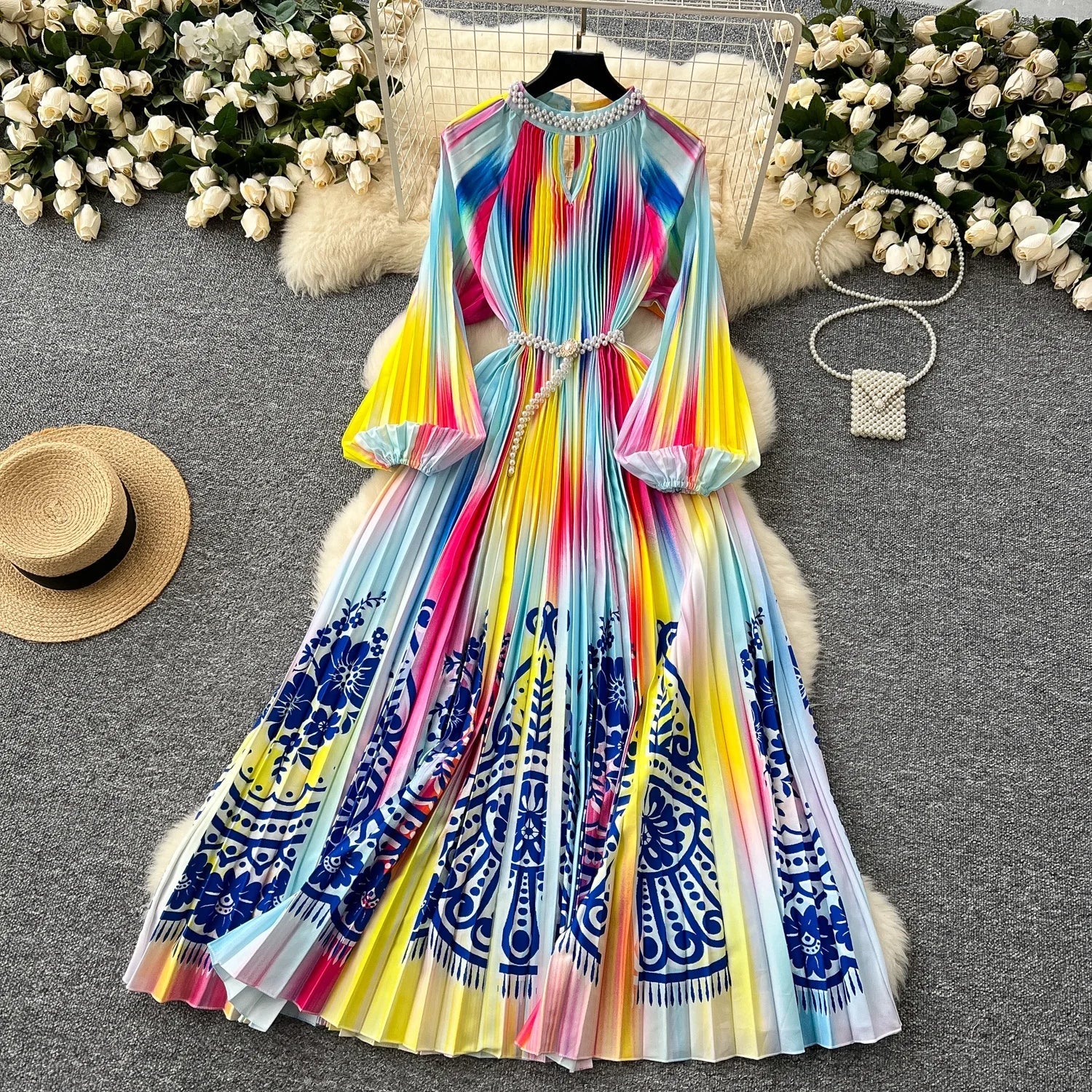 High-End Women's Dr Faionable Beaded round Ne Hollow out Pleated Lantern Sve Waist Cinched Floral Print Lon...