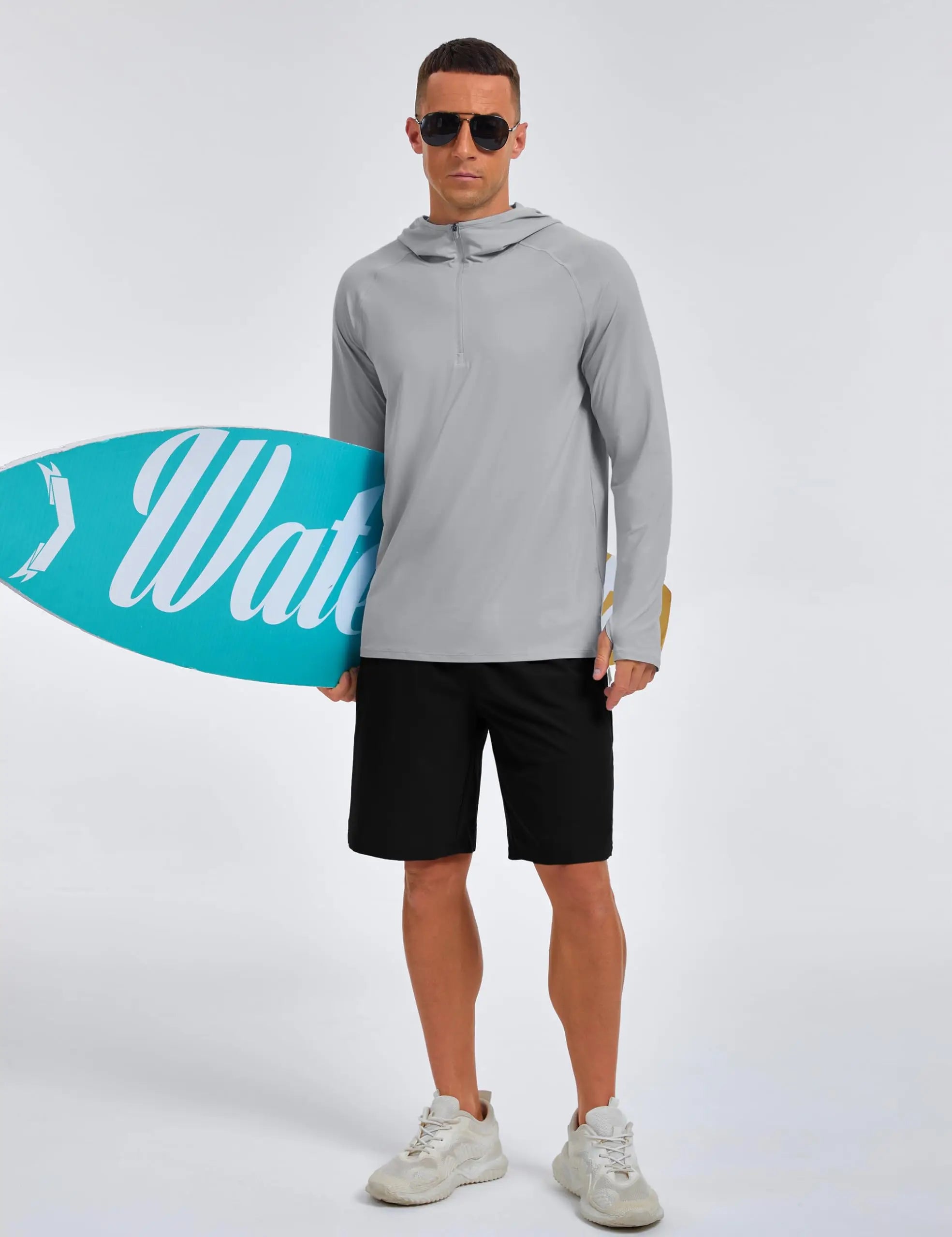 1/4 Zip Hooded Shirts Mens UPF 50+ Sun Protection Running Surfing Athletic Shirt Lightweight Rash Guard Long Sleeve